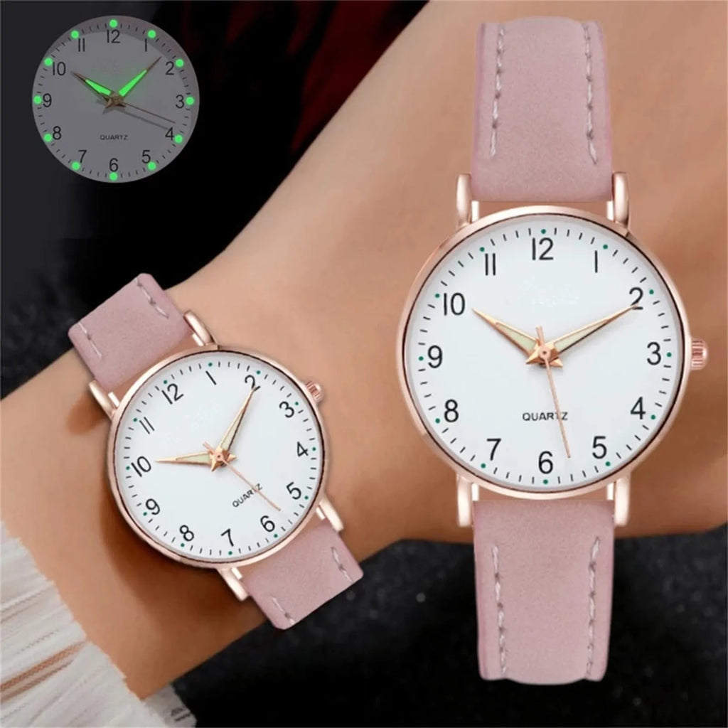 Women's Diamond-Studded Luminous Quartz Watch – Leather Band, Round Dial | 9 Colors