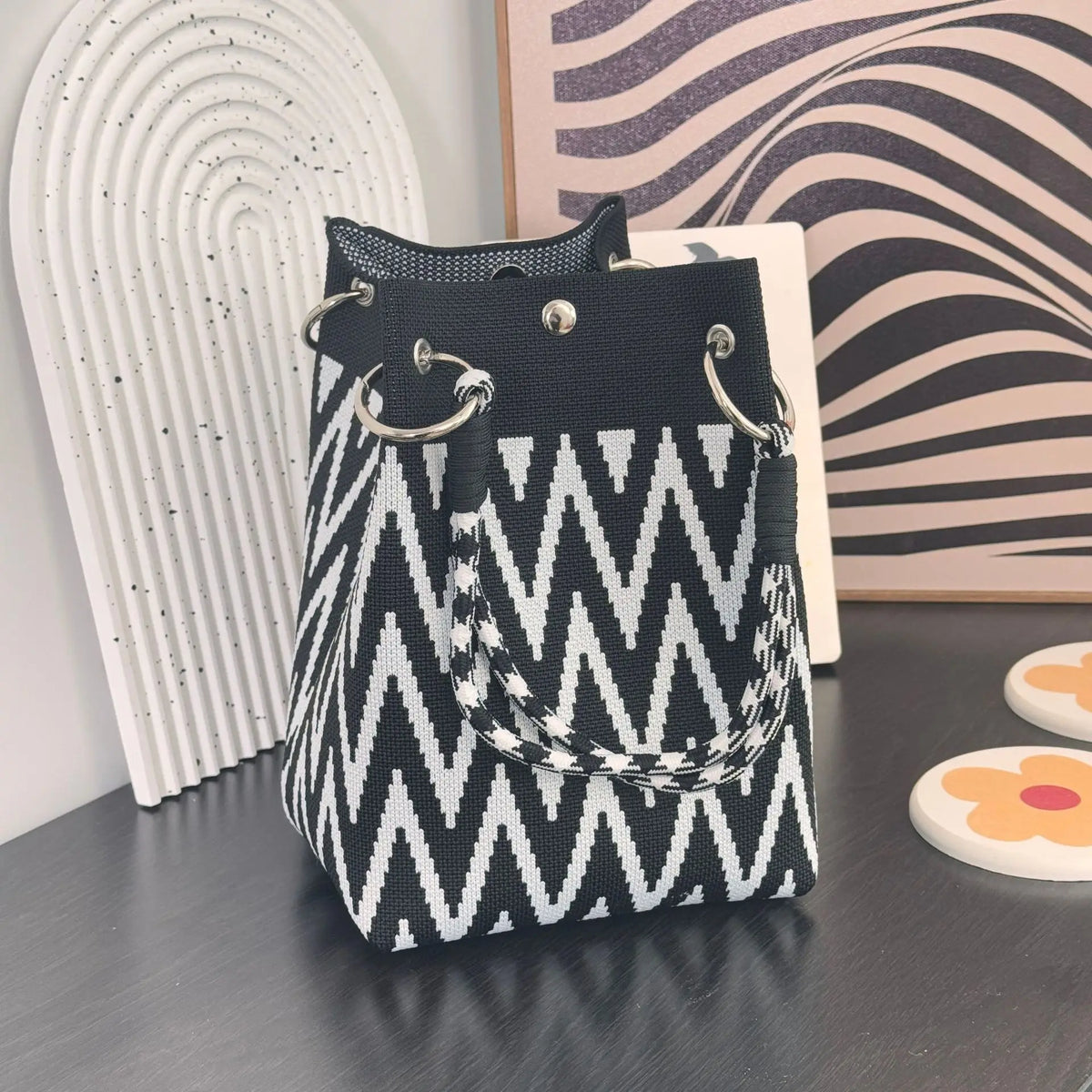 Women's Mini Knitted Bucket Bag – Boho Colorblock Wristlet Purse