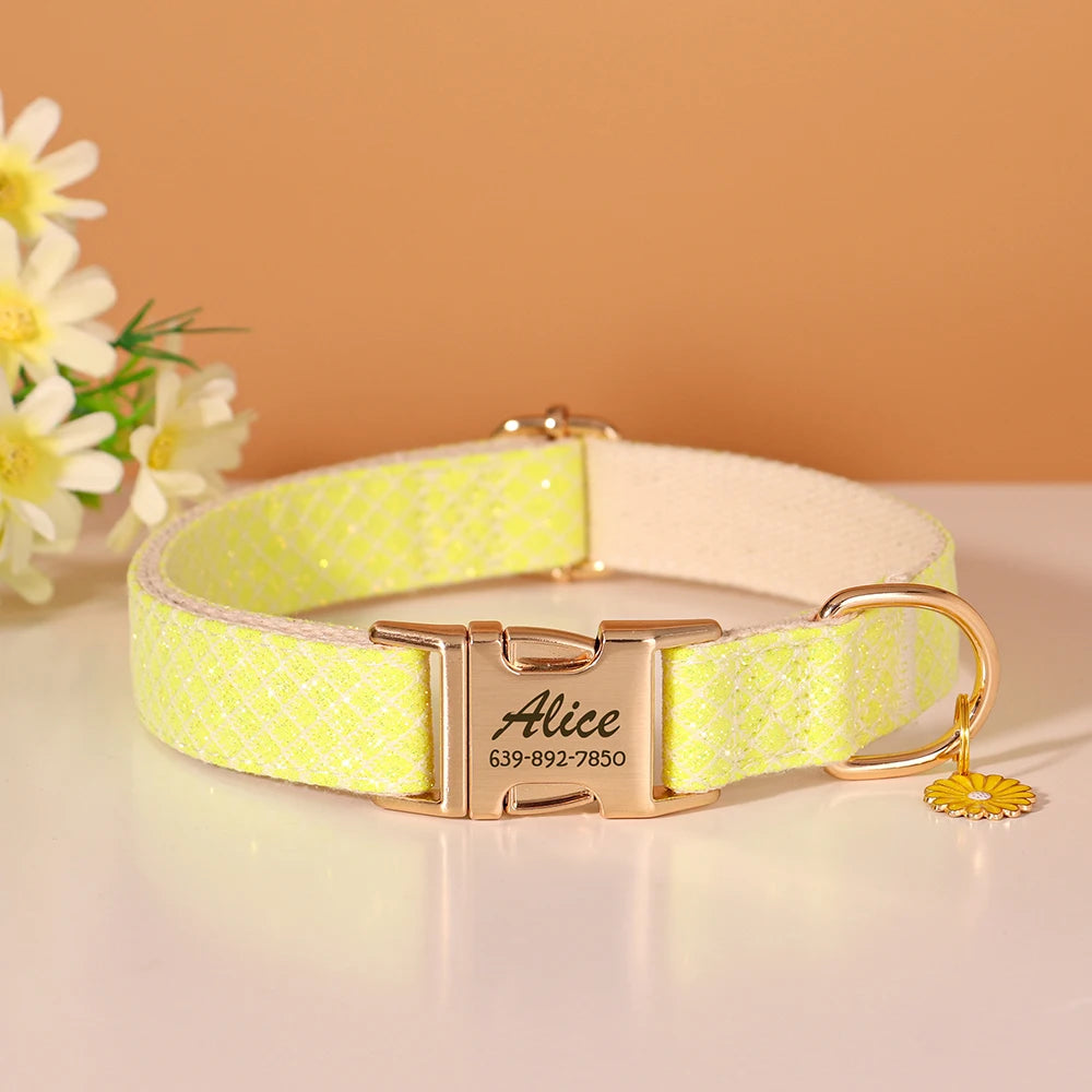 Personalized Bling Nylon Dog Collar – Free Engraved ID Tag with Flower Accessory