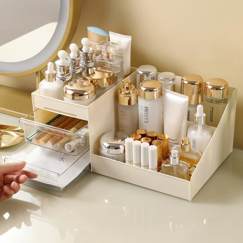 Desktop Cosmetic Organizer with Drawer – Beige Makeup Storage Box & Display Case