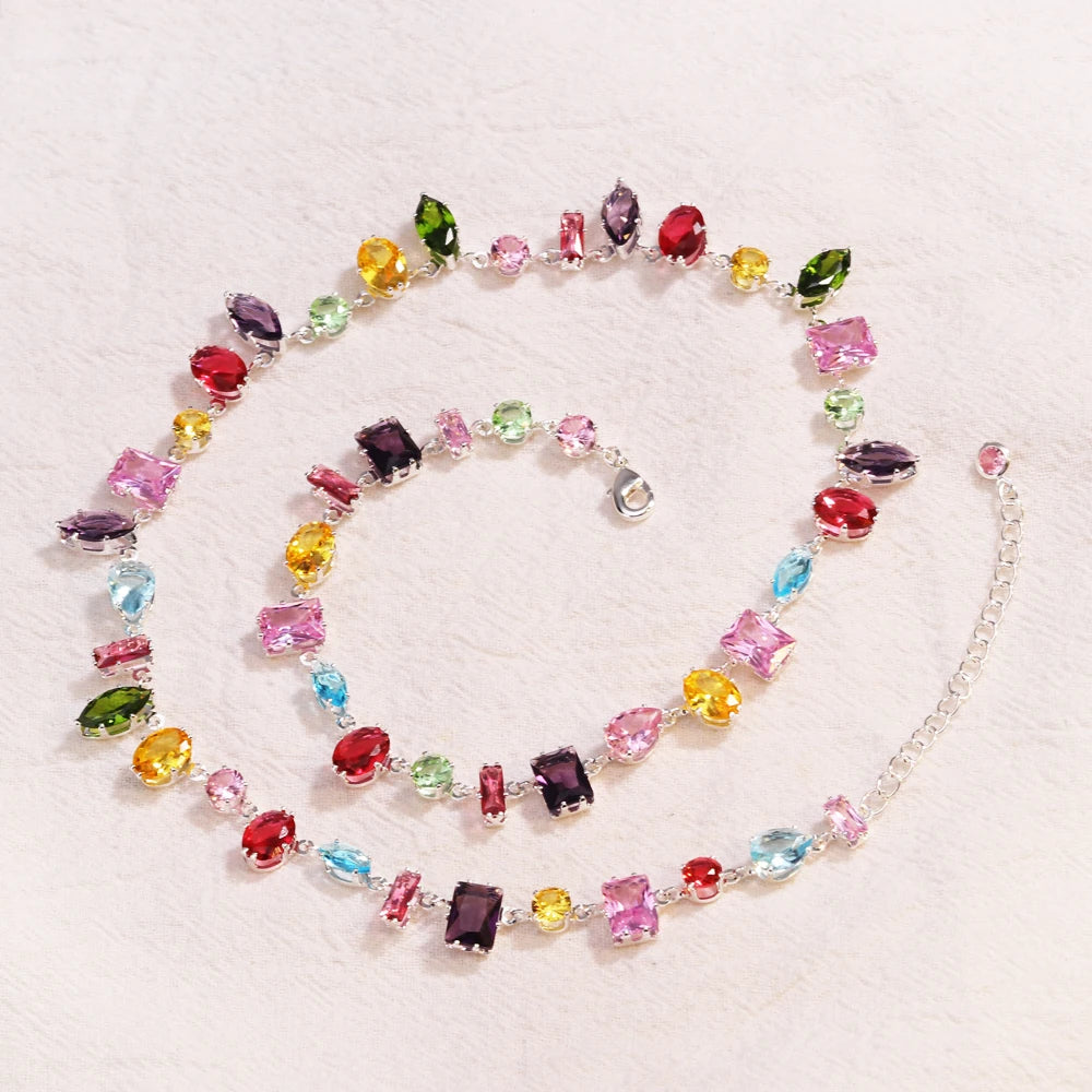 18K Gold Plated Rainbow CZ Choker Necklace & Bracelet – Colorful Cubic Zirconia | Women's Party Jewelry