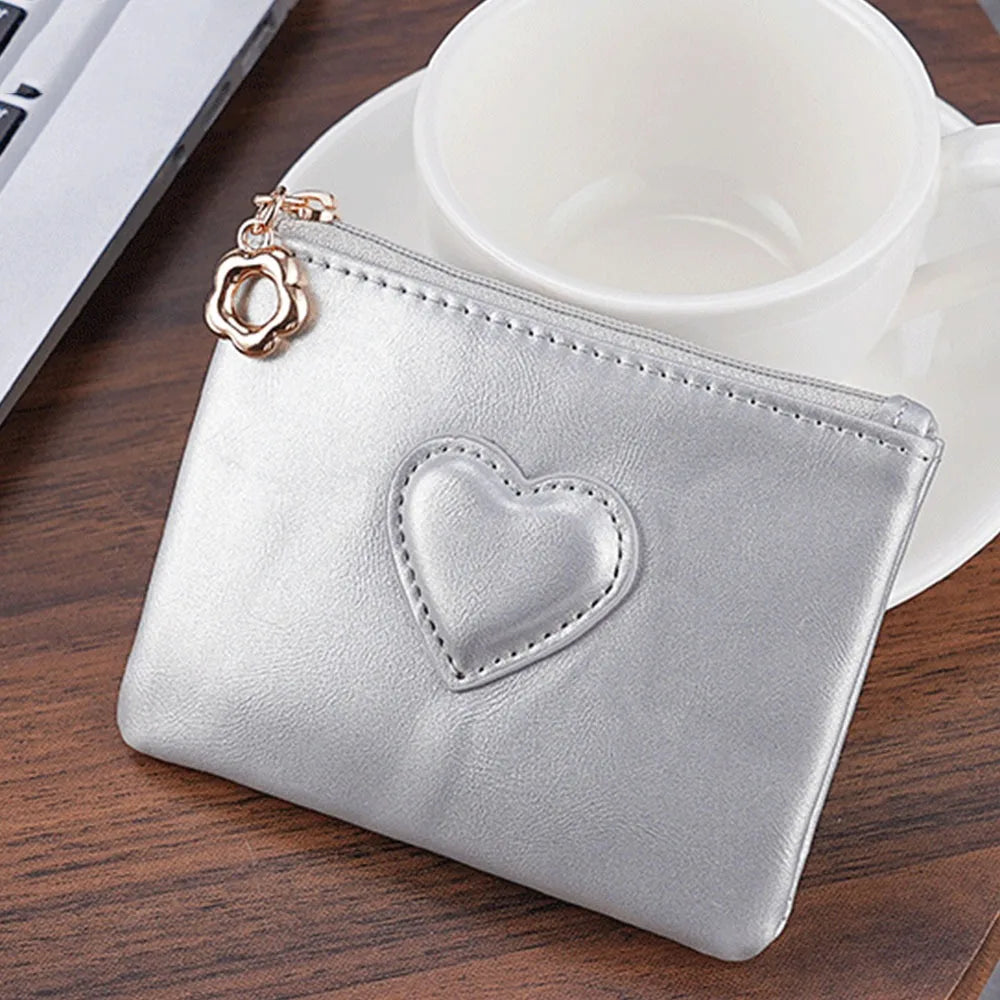 Women's Heart Detail PU Leather Card Holder – Chain Keychain | Dark Brown, Black, Brown, Red