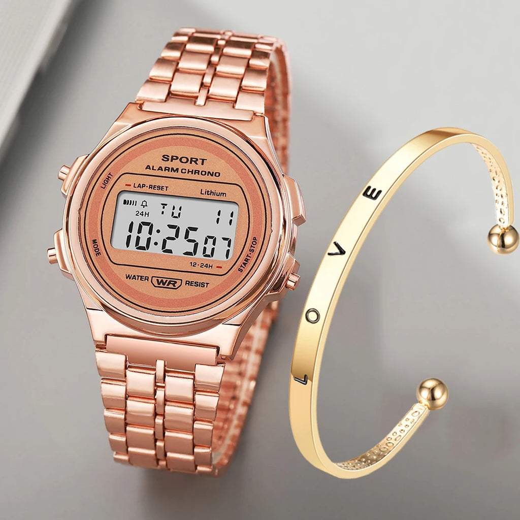 Women's Retro LED Digital Watch – Stainless Steel Strap