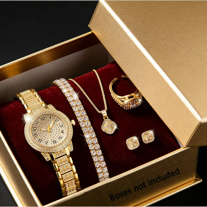 Women's Gold Diamond Watch & Jewelry Set – 5-Piece Gift Set | Watch, Bracelet, Necklace, Ring & Earrings