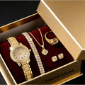 Women's Gold Diamond Watch & Jewelry Set – 5-Piece Gift Set | Watch, Bracelet, Necklace, Ring & Earrings