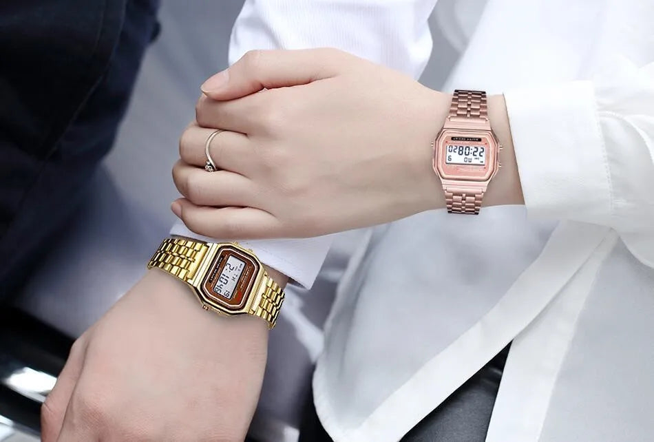 Men's LED Digital Watch – Stainless Steel Bracelet, Rectangle Dial, Rose Gold / Gold / Silver / Black