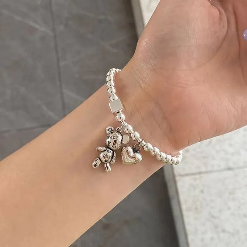 925 Sterling Silver Bear Pendant Bracelet – Zircon Beaded Cuff | Vintage Cute Party Jewelry for Women