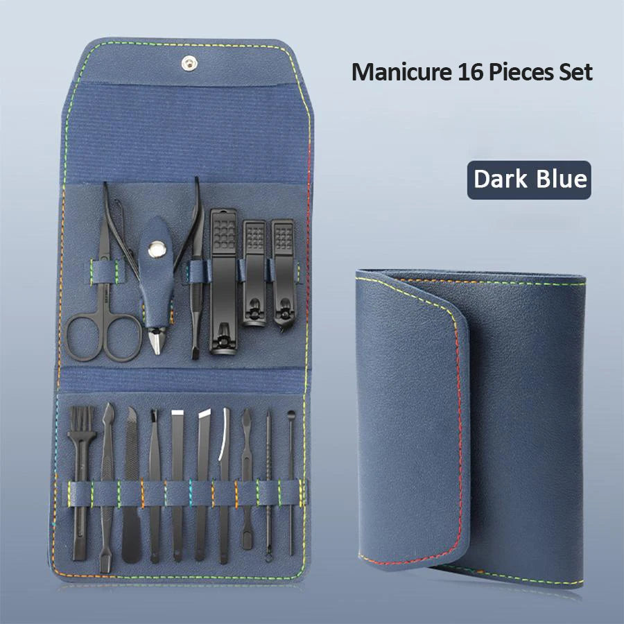 Kit Manucure Premium 16 Pièces – Acier Inoxydable, Pédicure & Étui Voyage