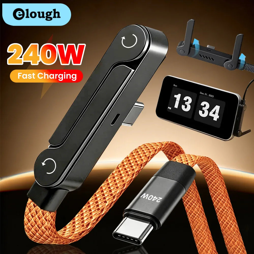 240W USB-C to USB-C Cable – 2-in-1 with Foldable Phone Holder, Fast Charge & Data
