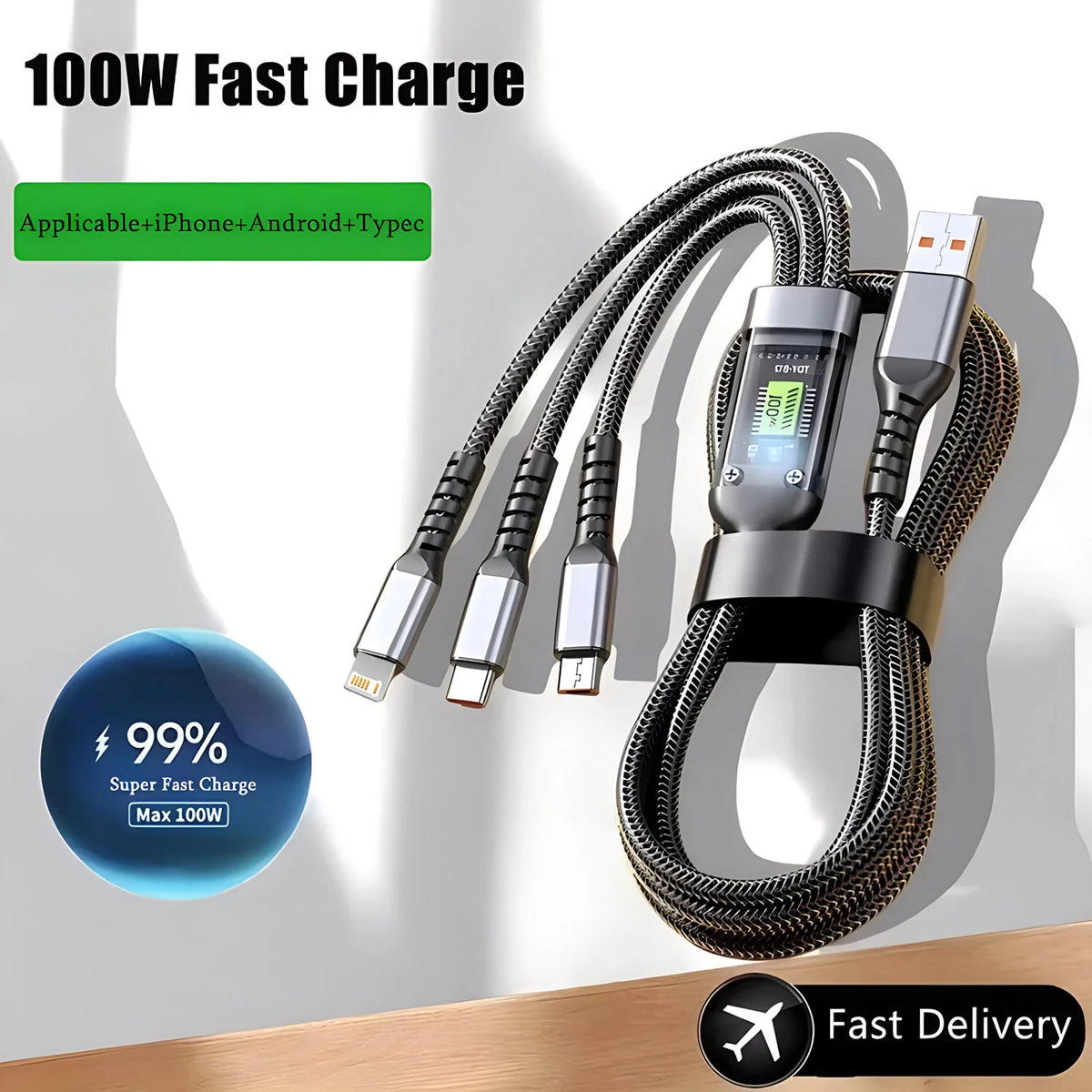 100W 3-in-1 Fast Charging Cable – USB-A to USB-C, Lightning & Micro USB – Braided Nylon, 1.2m