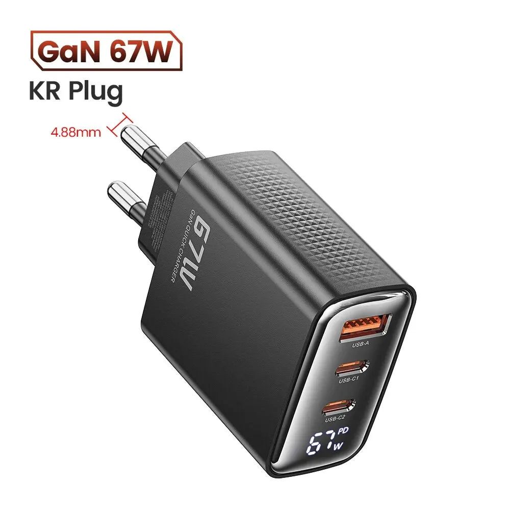 67W GaN USB-C Charger – 3 Ports, Digital Display, Fast Charge for Laptop & Phone