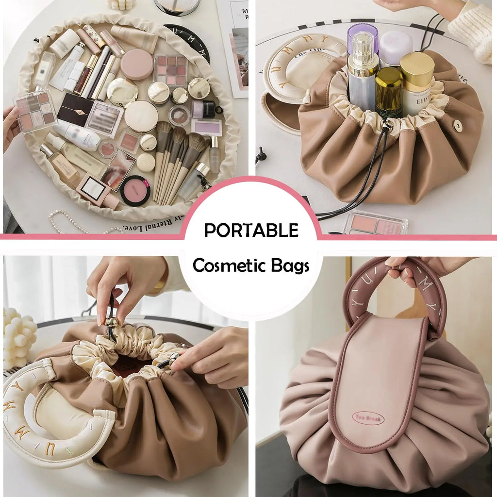 Drawstring Makeup Bag – Large Capacity PU Barrel Cosmetic & Travel Toiletry Pouch