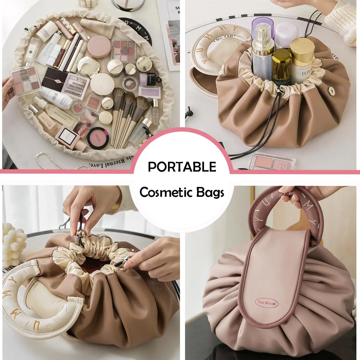 Drawstring Makeup Bag – Large Capacity PU Barrel Cosmetic & Travel Toiletry Pouch
