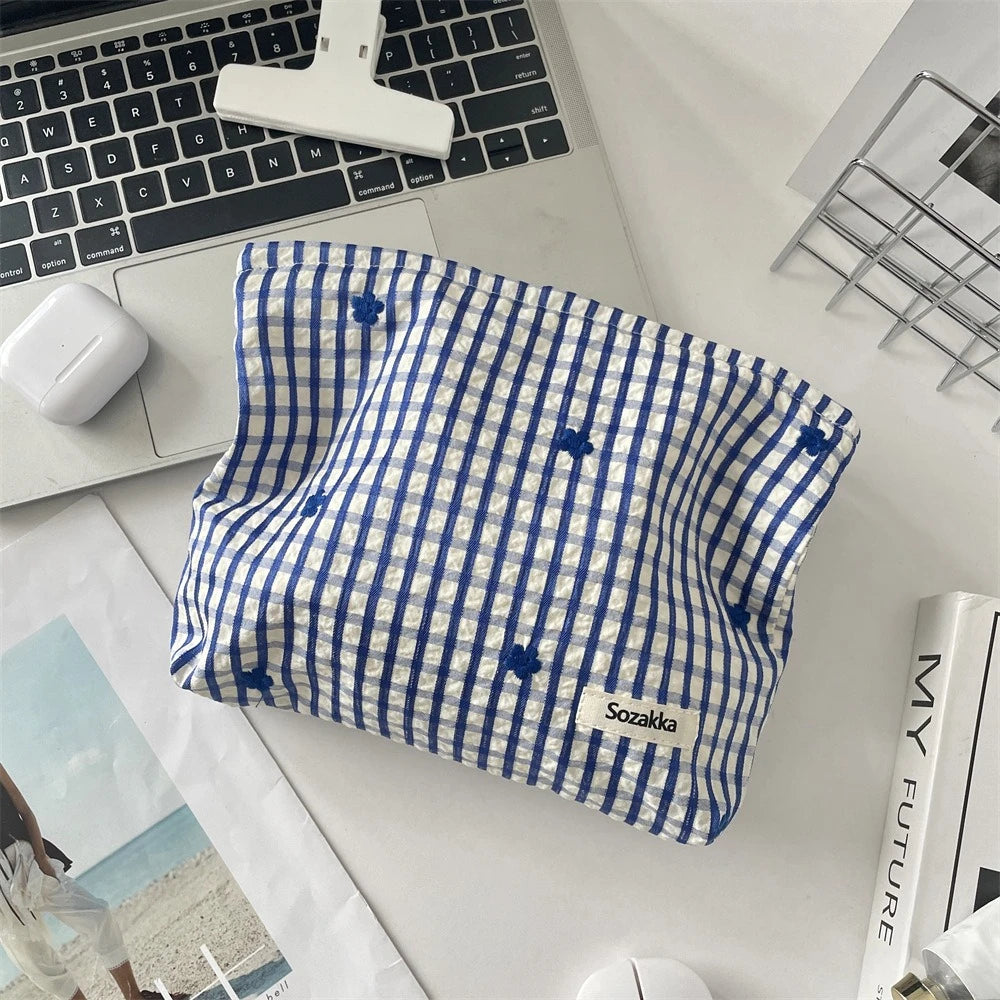 Embroidered Striped Makeup Bag – Plaid Cosmetic Pouch & Travel Toiletry Organizer