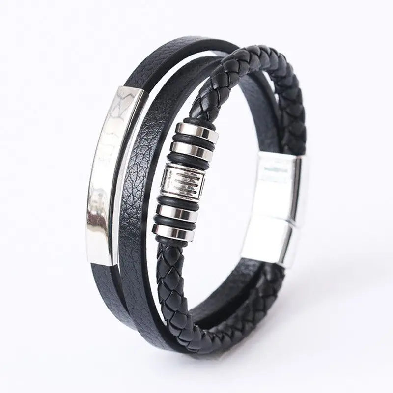 Men's Stainless Steel Leather Bracelet — Braided