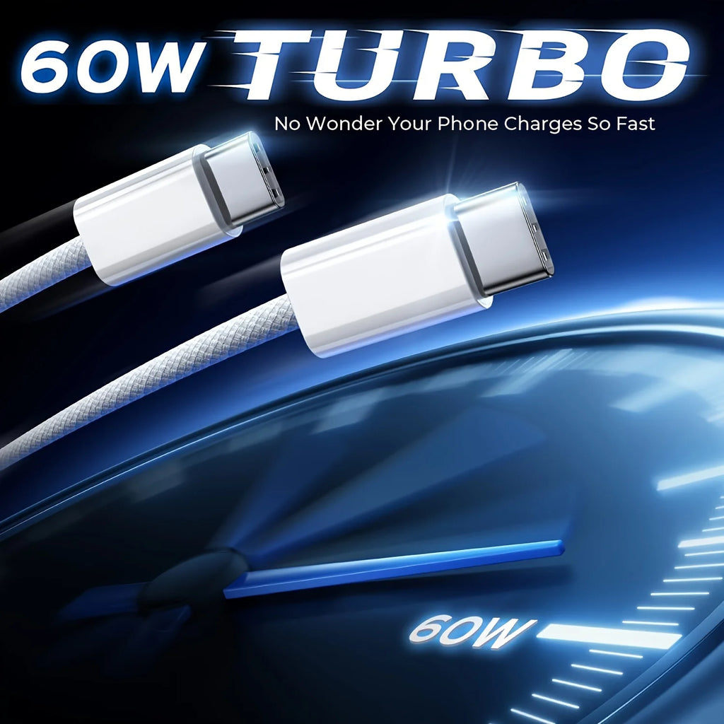 60W Braided USB-C to USB-C Fast Charging Cable – 1m / 2m / 3m – For Phone, Tablet & Laptop