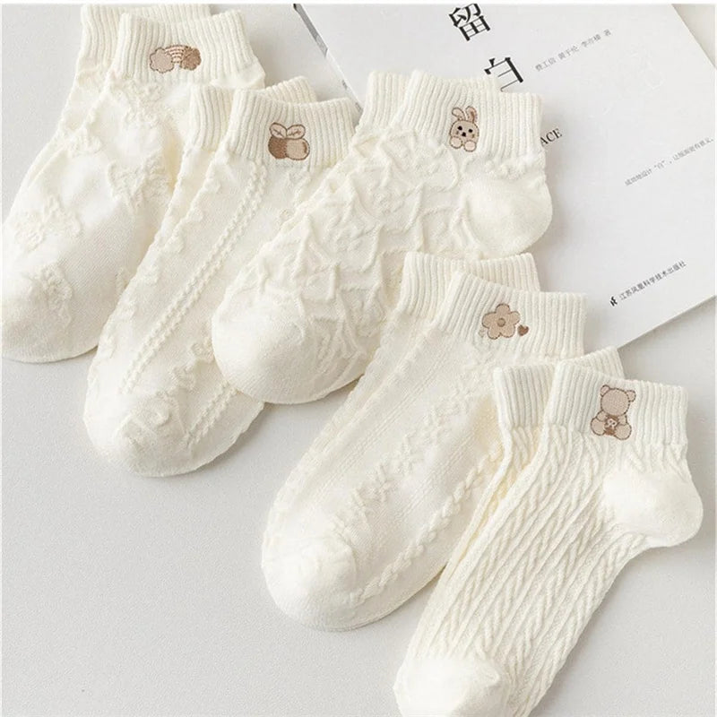 5-Pair Women's Ankle Socks – Cute Bear & Rabbit Print