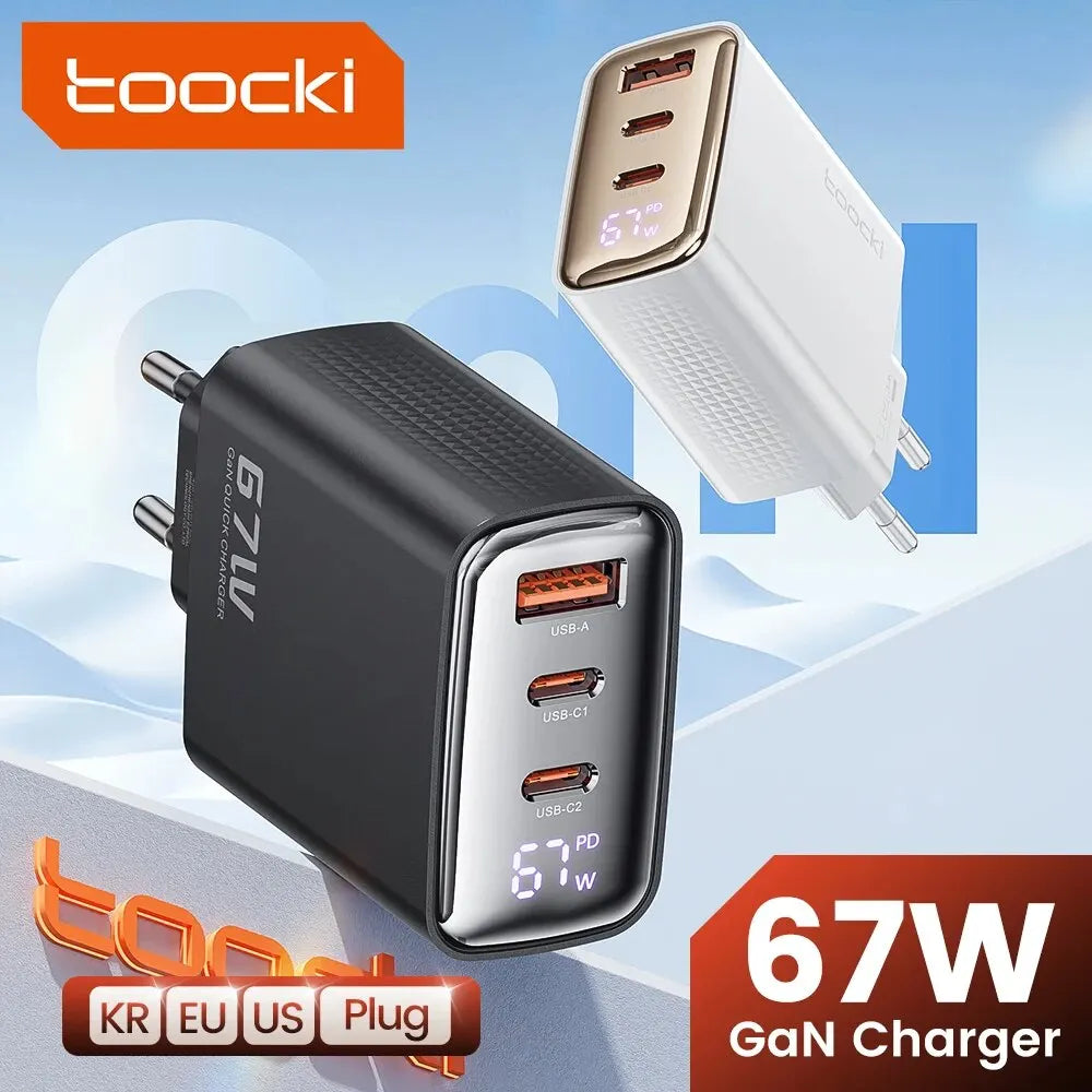 67W GaN USB-C Charger – 3 Ports, Digital Display, Fast Charge for Laptop & Phone