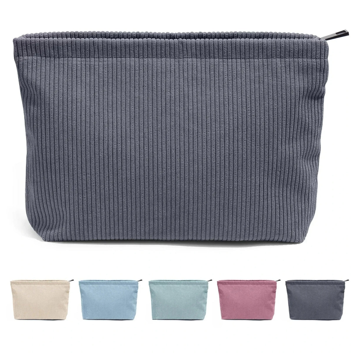 Corduroy Makeup Pouch – Large Zipper Cosmetic Bag & Brush Storage Clutch