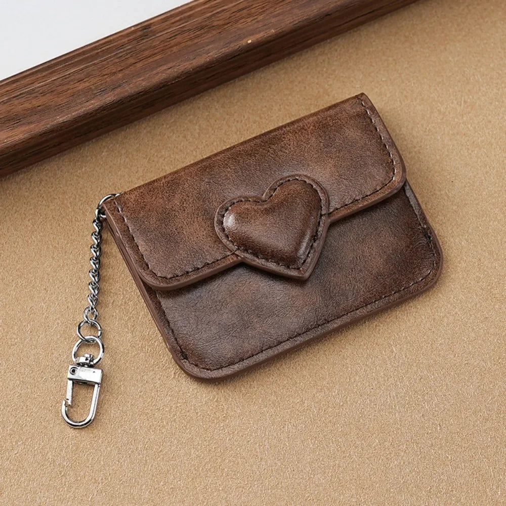 Women's Heart Detail PU Leather Card Holder – Chain Keychain | Dark Brown, Black, Brown, Red