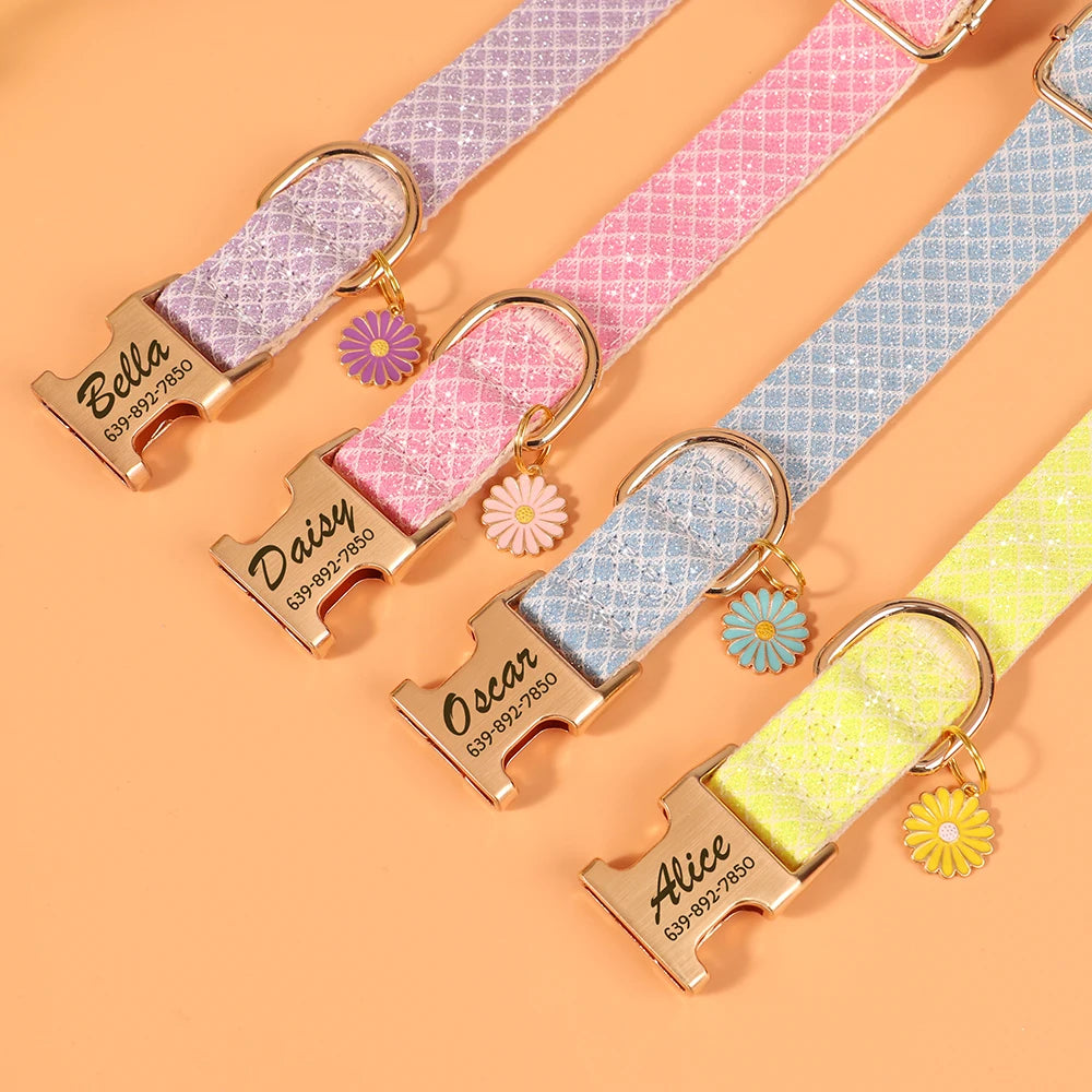 Personalized Bling Nylon Dog Collar – Free Engraved ID Tag with Flower Accessory