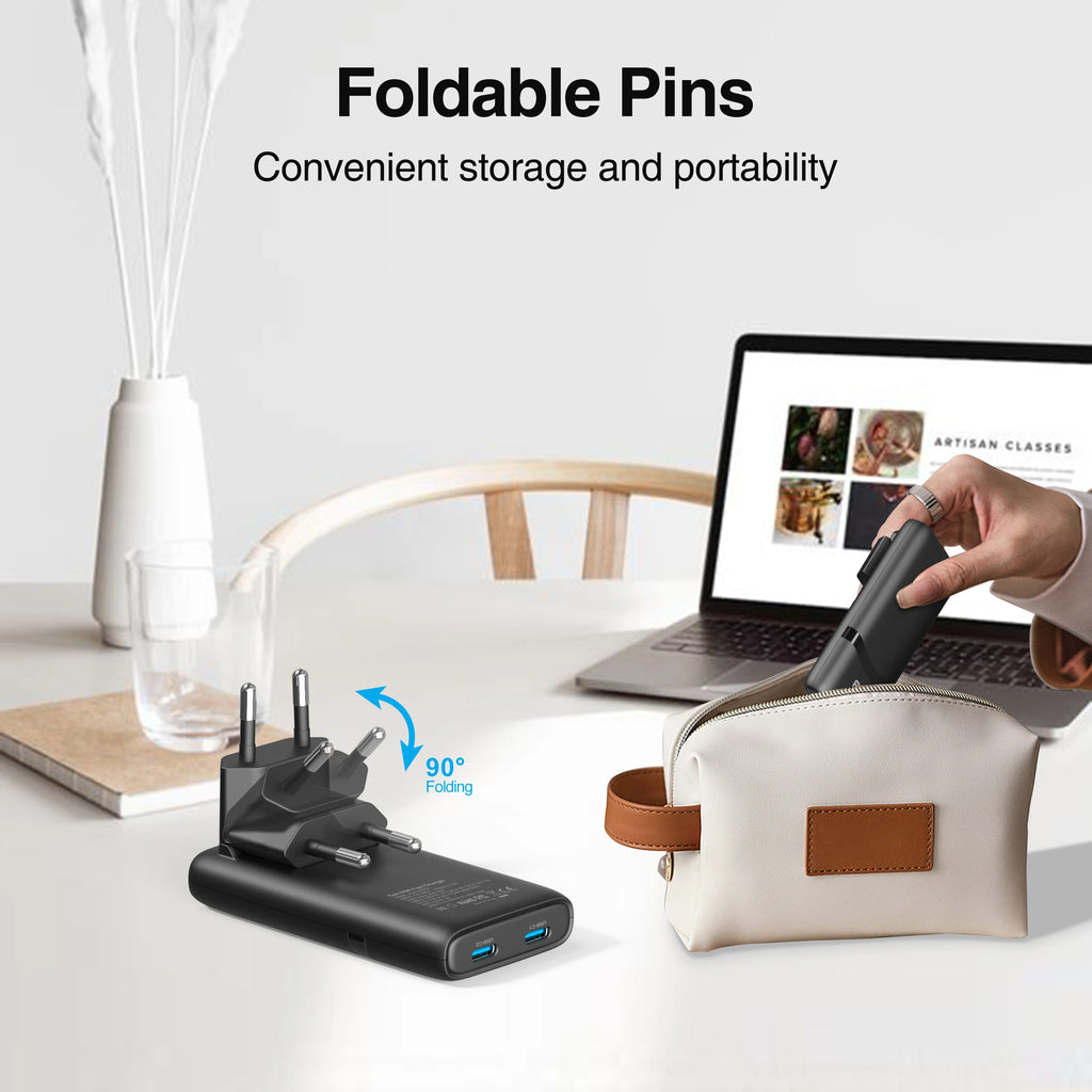 65W GaN Dual USB-C Wall Charger – Flat, Foldable Plug, Fast Charging, White/Black