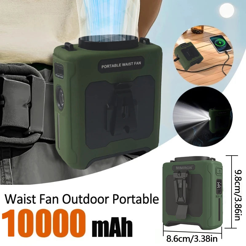 Portable Waist & Neck Fan 3-in-1 – 10000mAh Power Bank, LED Light, 5 Speeds