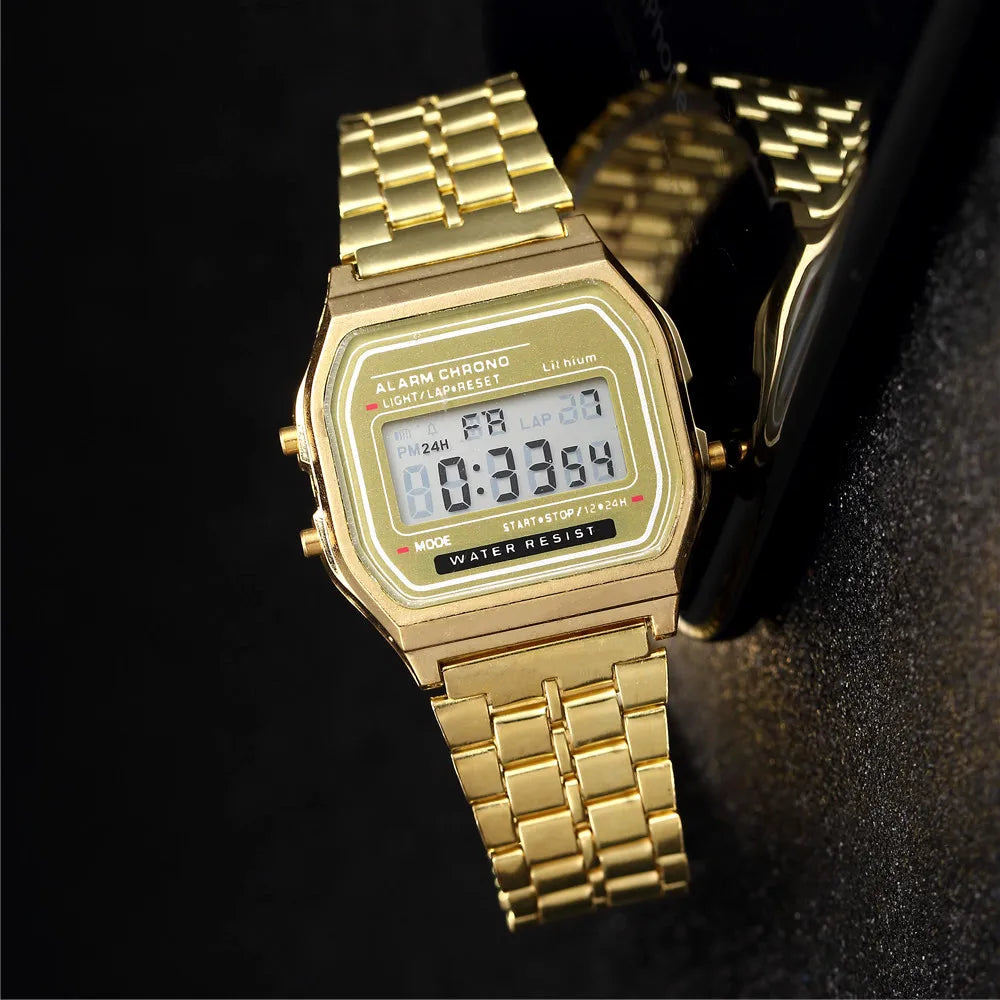Men's LED Digital Watch – Stainless Steel Bracelet, Rectangle Dial, Rose Gold / Gold / Silver / Black