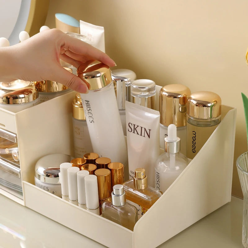 Desktop Cosmetic Organizer with Drawer – Beige Makeup Storage Box & Display Case