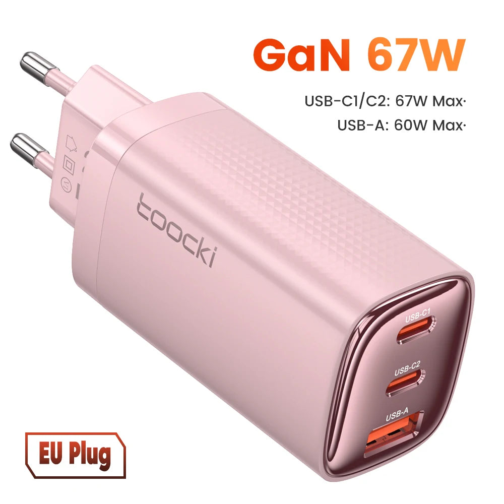 67W GaN USB-C Charger – 3 Ports, Digital Display, Fast Charge for Laptop & Phone