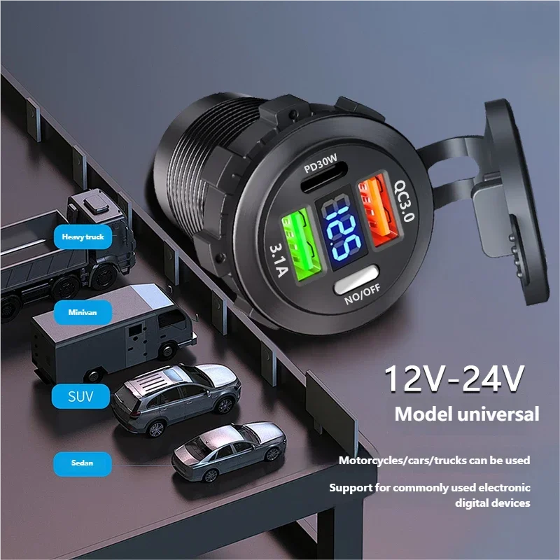 Car USB Charger Socket – PD3.0 & QC3.0, 3/4 Ports, Voltmeter, On/Off Switch, 12/24V