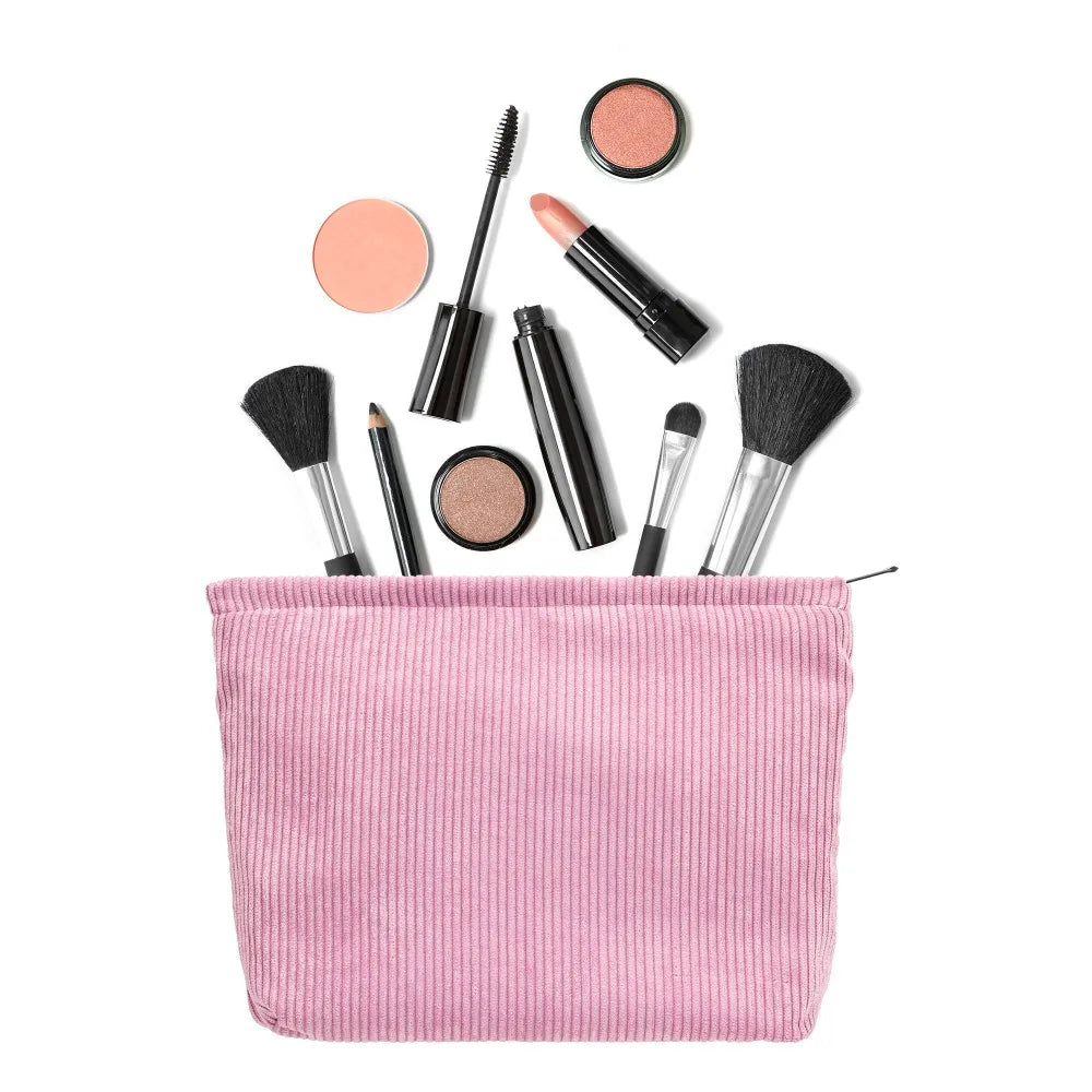 Corduroy Makeup Pouch – Large Zipper Cosmetic Bag & Brush Storage Clutch