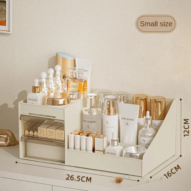 Desktop Cosmetic Organizer with Drawer – Beige Makeup Storage Box & Display Case