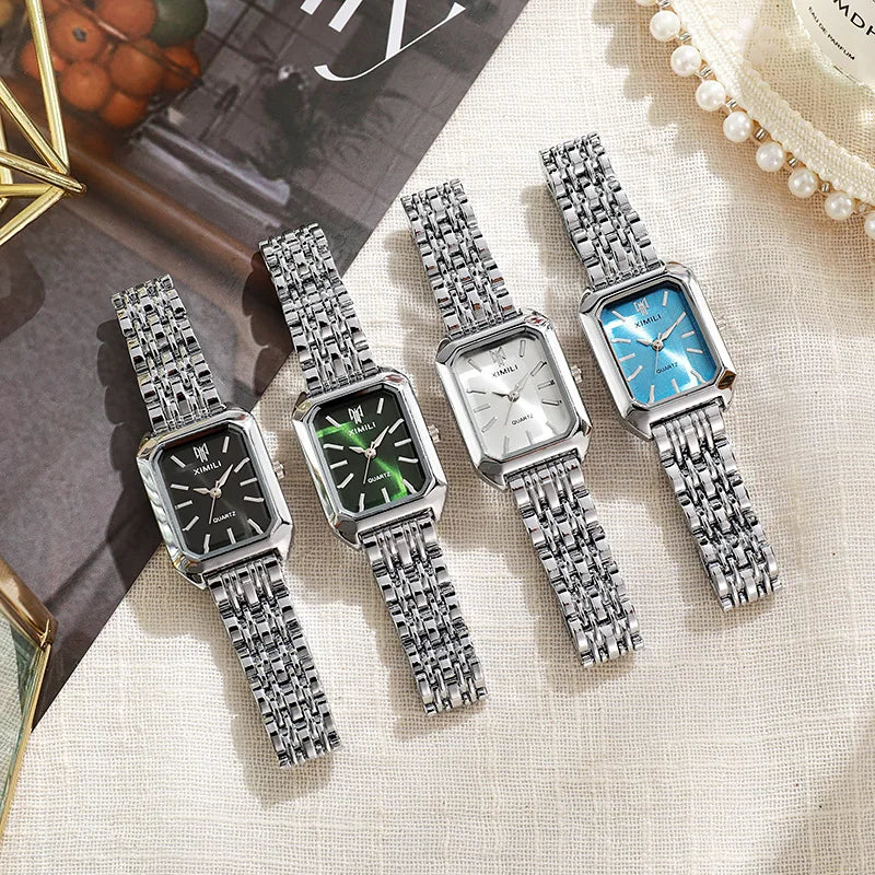 Women's Rectangle Quartz Watch – Alloy Band, Numberless Dial | Silver & Gold Tones