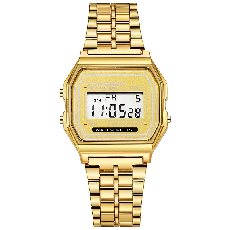 Men's LED Digital Watch – Stainless Steel Bracelet, Rectangle Dial, Rose Gold / Gold / Silver / Black