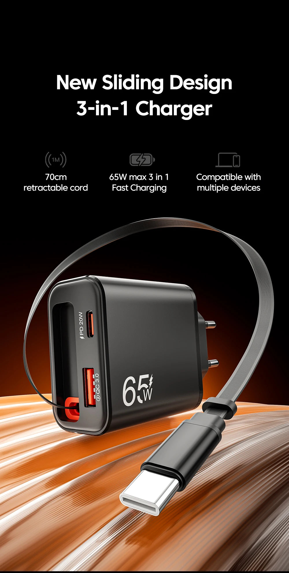 65W Wall Charger with Retractable USB-C Cable – PD & QC3.0 Fast Charging for iPhone, Samsung & Xiaomi