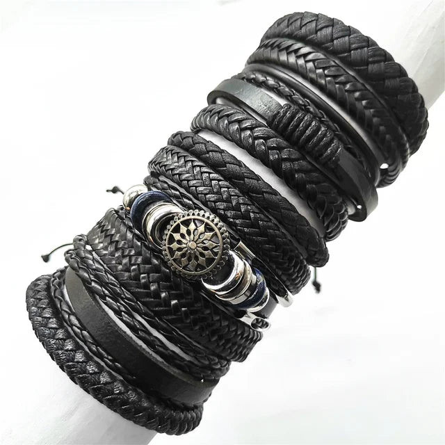 10-Piece Leather Wrap Bracelet Set — Handmade Woven