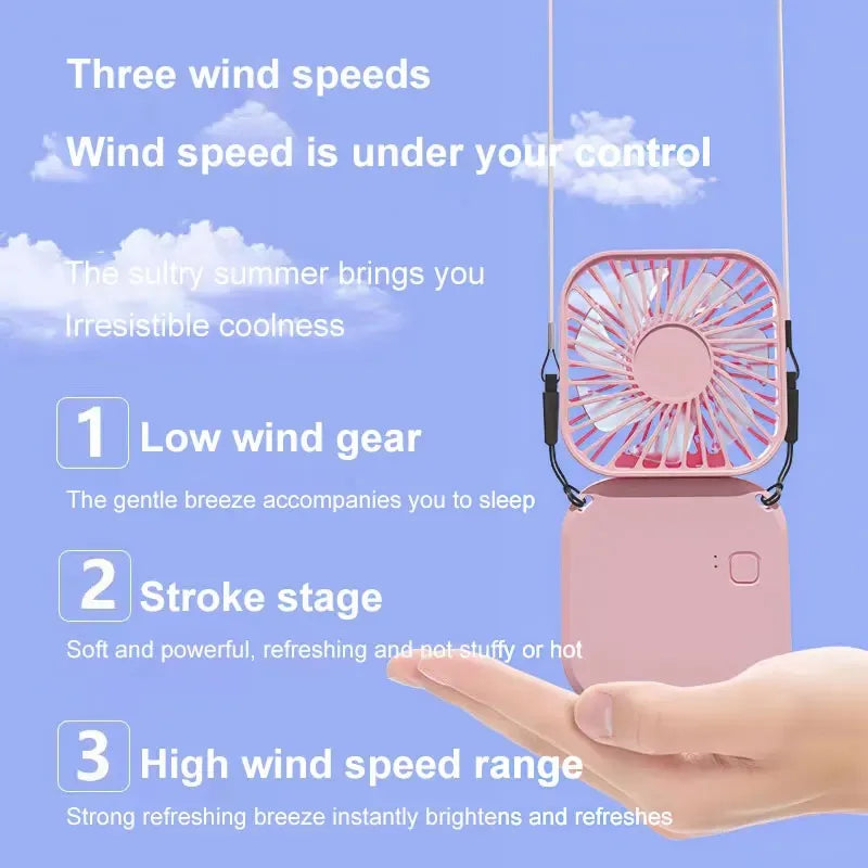 3-in-1 Mini Fan – Handheld, Neck & Desktop, 180° Rotating, 7-Blade Brushless, USB Rechargeable (Pink / White)