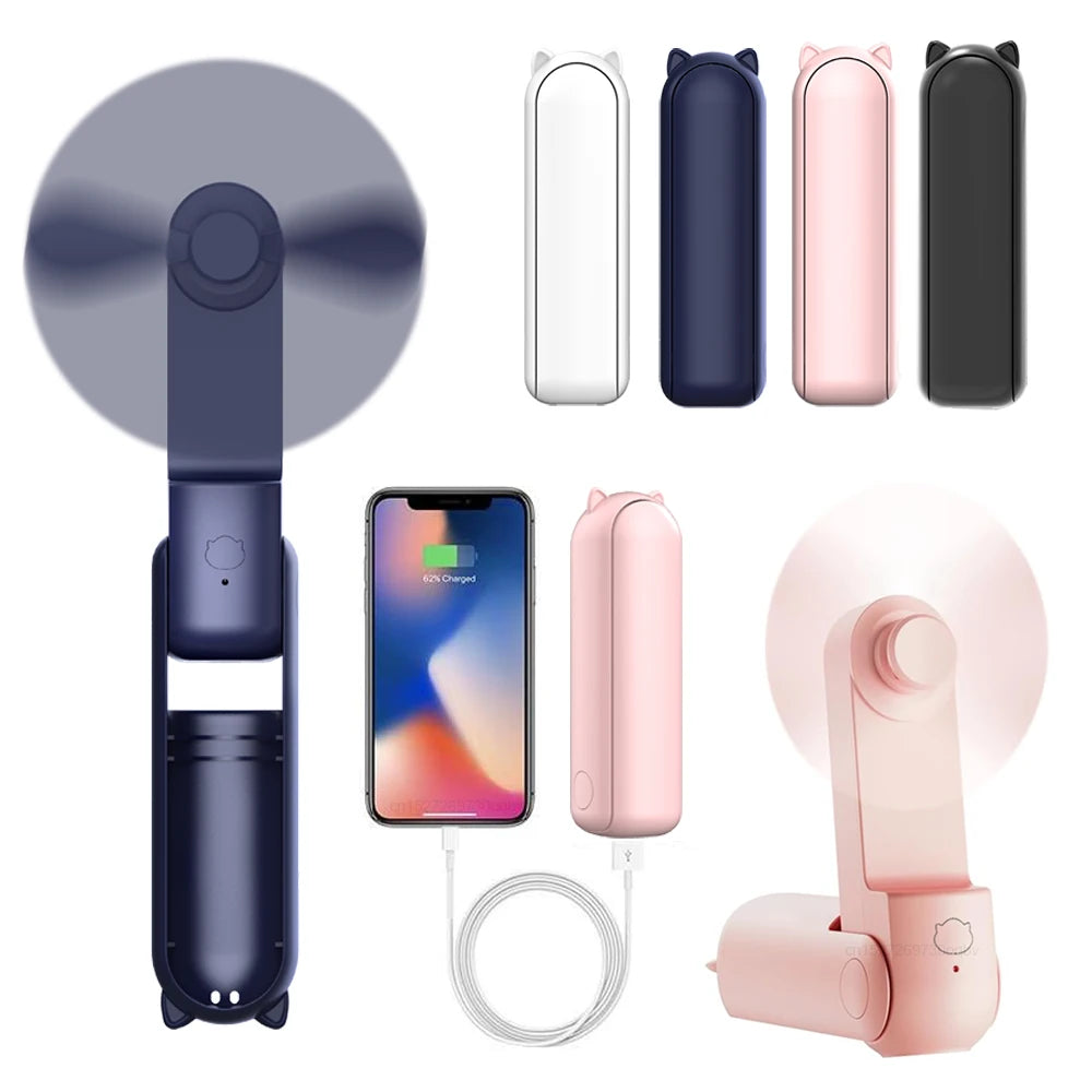 Raugee Pocket Fan with Power Bank – Foldable Mini Handheld Fan, 2000mAh, 48H Battery, Ultra-Quiet 20dB