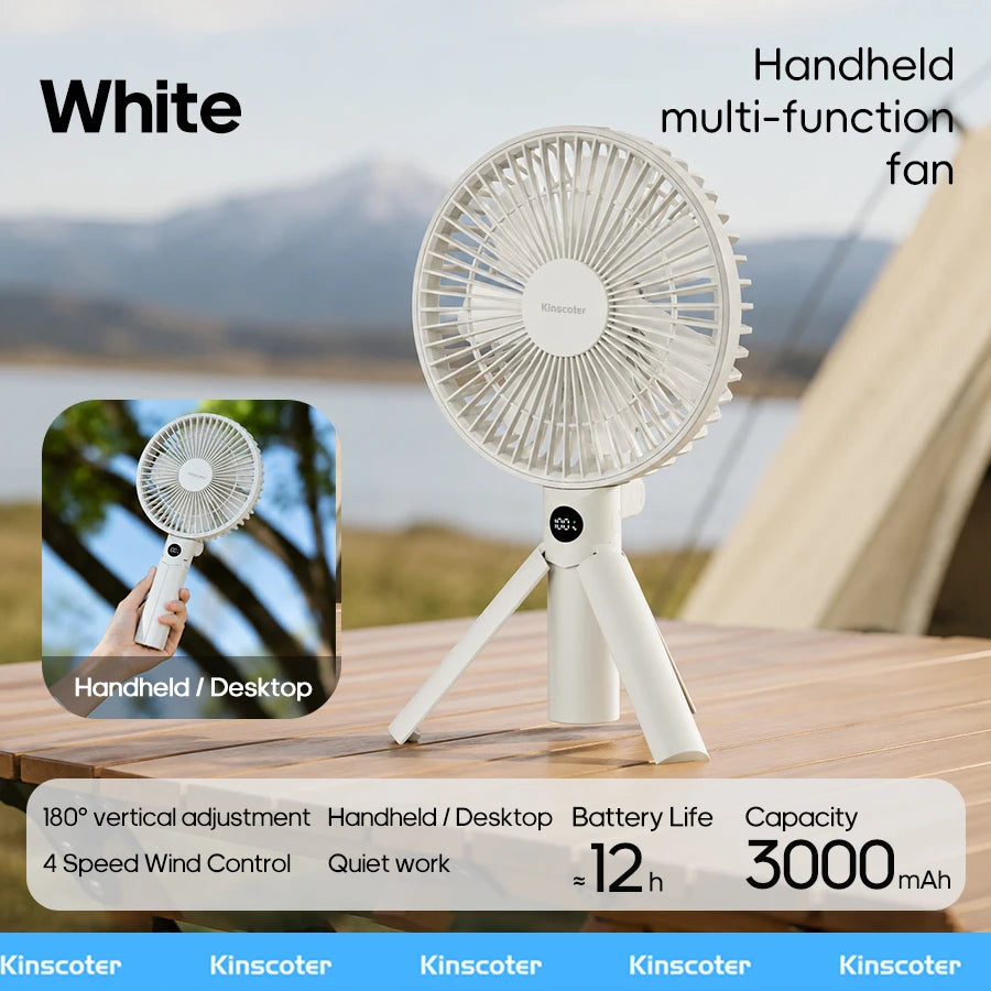 Ventilateur Portable Pliable 3-en-1 – 3000mAh, 4 Vitesses, Camping & Bureau