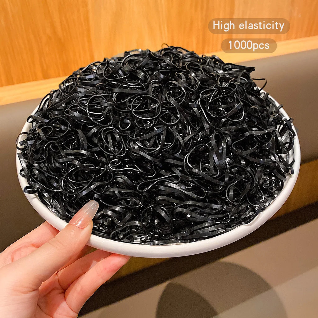 Black Hair Elastic Bands – 1000 Pieces, Durable Rubber Hair Ties for Women & Girls, Daily Use