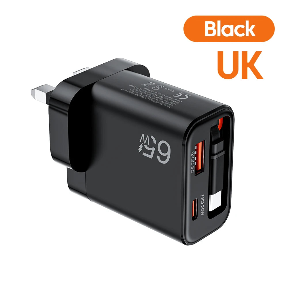 65W Wall Charger with Retractable USB-C Cable – PD & QC3.0 Fast Charging for iPhone, Samsung & Xiaomi