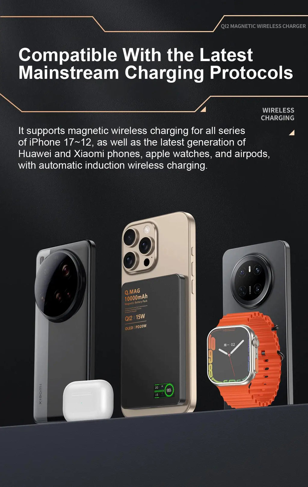 3-in-1 Magnetic Power Bank – Qi2.1, 15W Wireless, LCD Screen, 5000/10000mAh, for iPhone & Apple Watch