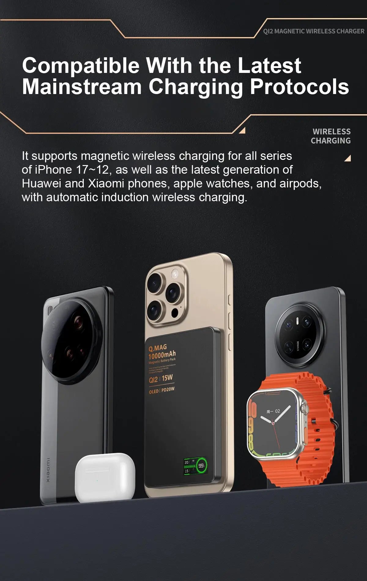 3-in-1 Magnetic Power Bank – Qi2.1, 15W Wireless, LCD Screen, 5000/10000mAh, for iPhone & Apple Watch