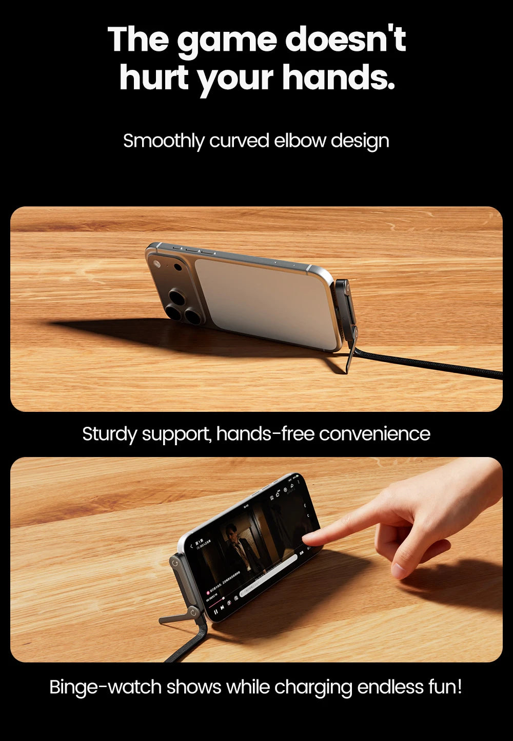 240W USB-C to USB-C Cable – 2-in-1 with Foldable Phone Holder, Fast Charge & Data