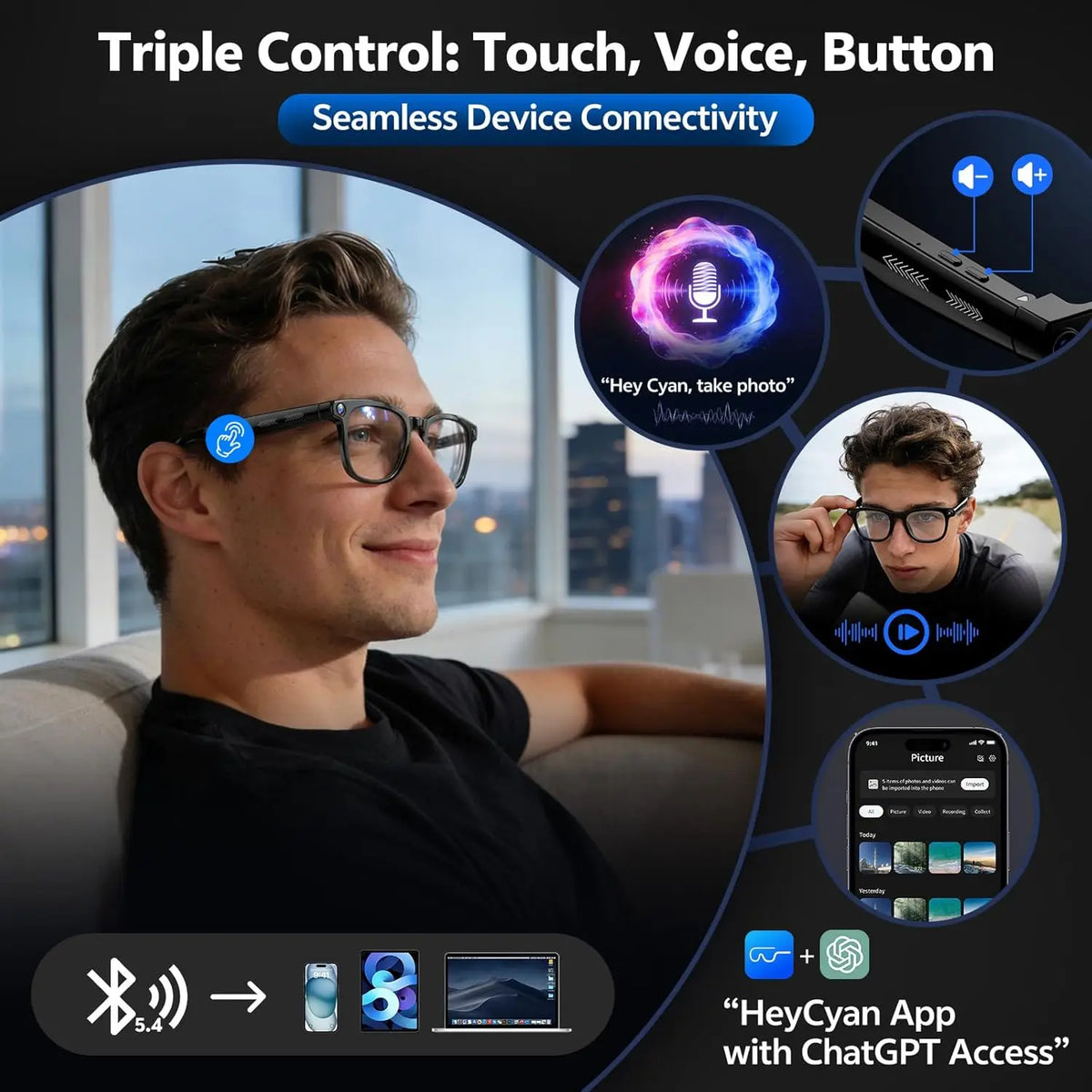 4K HD Smart Camera Glasses — AI Translation, ChatGPT, Bluetooth & WiFi
