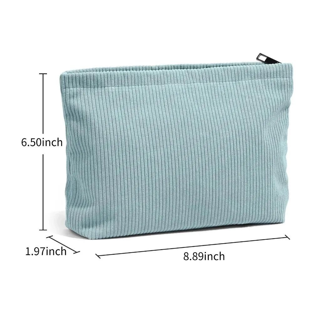 Corduroy Makeup Pouch – Large Zipper Cosmetic Bag & Brush Storage Clutch