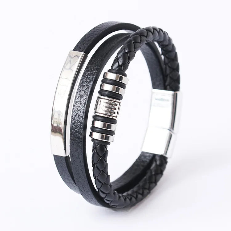 Men's Stainless Steel Leather Bracelet — Braided