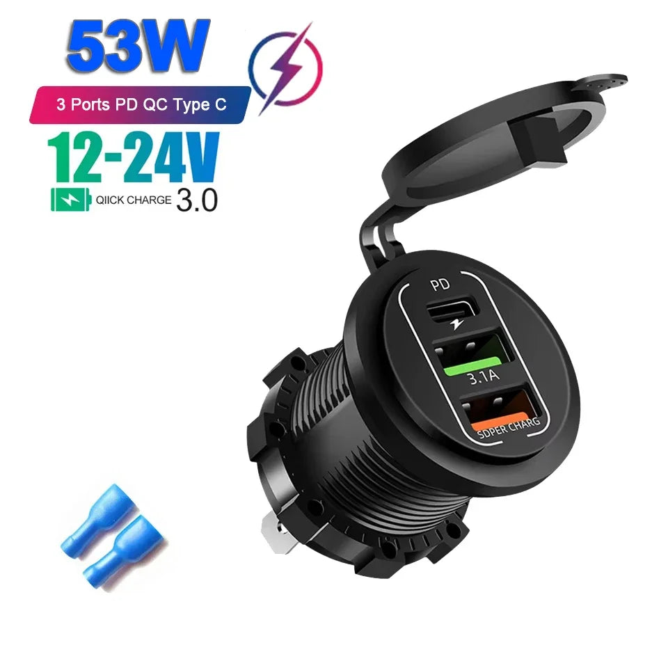 Car USB Charger Socket – PD3.0 & QC3.0, 3/4 Ports, Voltmeter, On/Off Switch, 12/24V