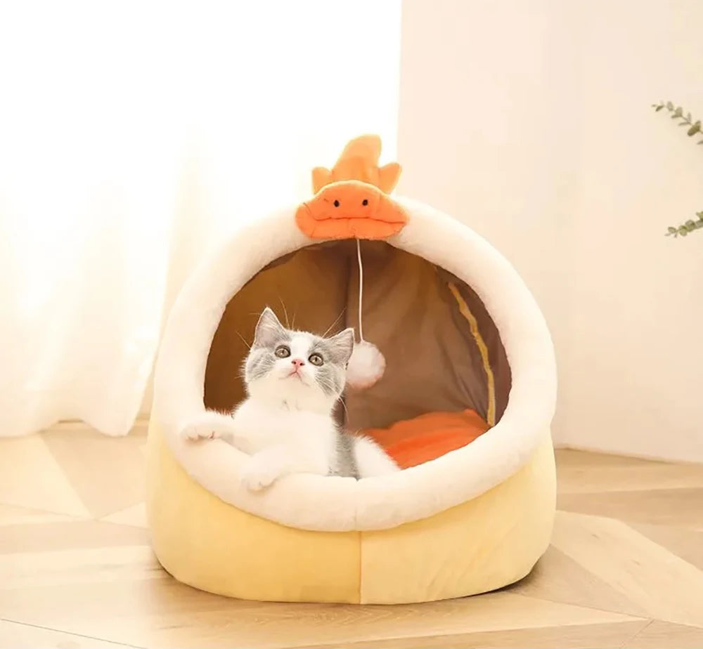Deep Sleep Cat Bed – Foldable Cartoon Pet Cave with Removable Washable Cushion